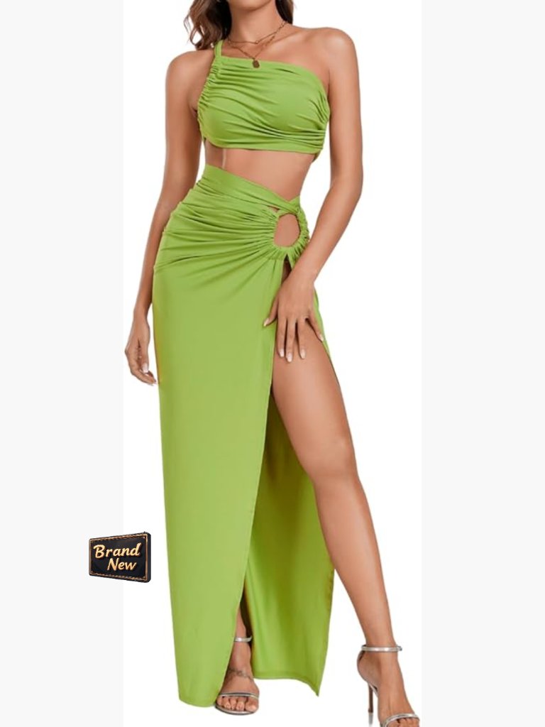 2 Piece High Slit Skirt Set, Sexy Cutout Bodycon Dress, Ruched Backless Maxi